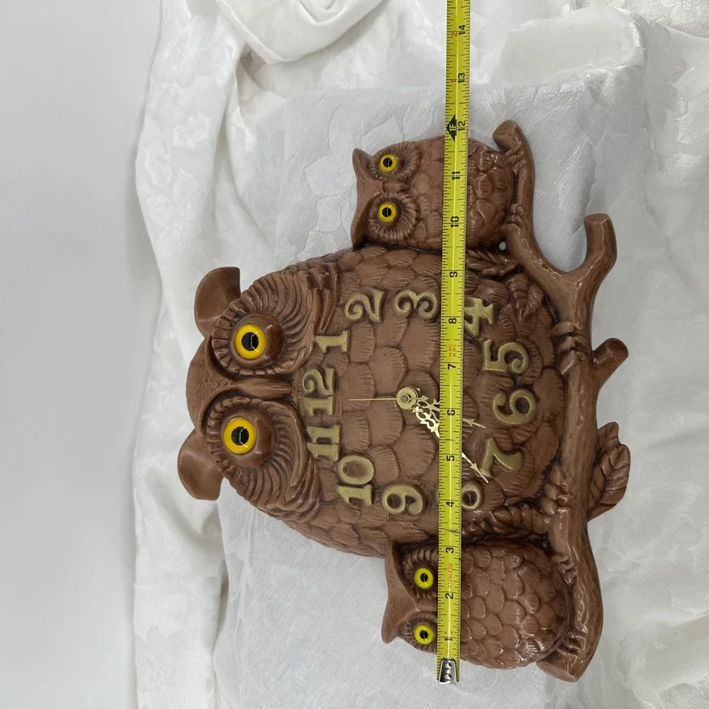 Vintage Ceramic Owl Family Wall Clock Exc Rustic Woodland Decor Retro MCM Kitsch